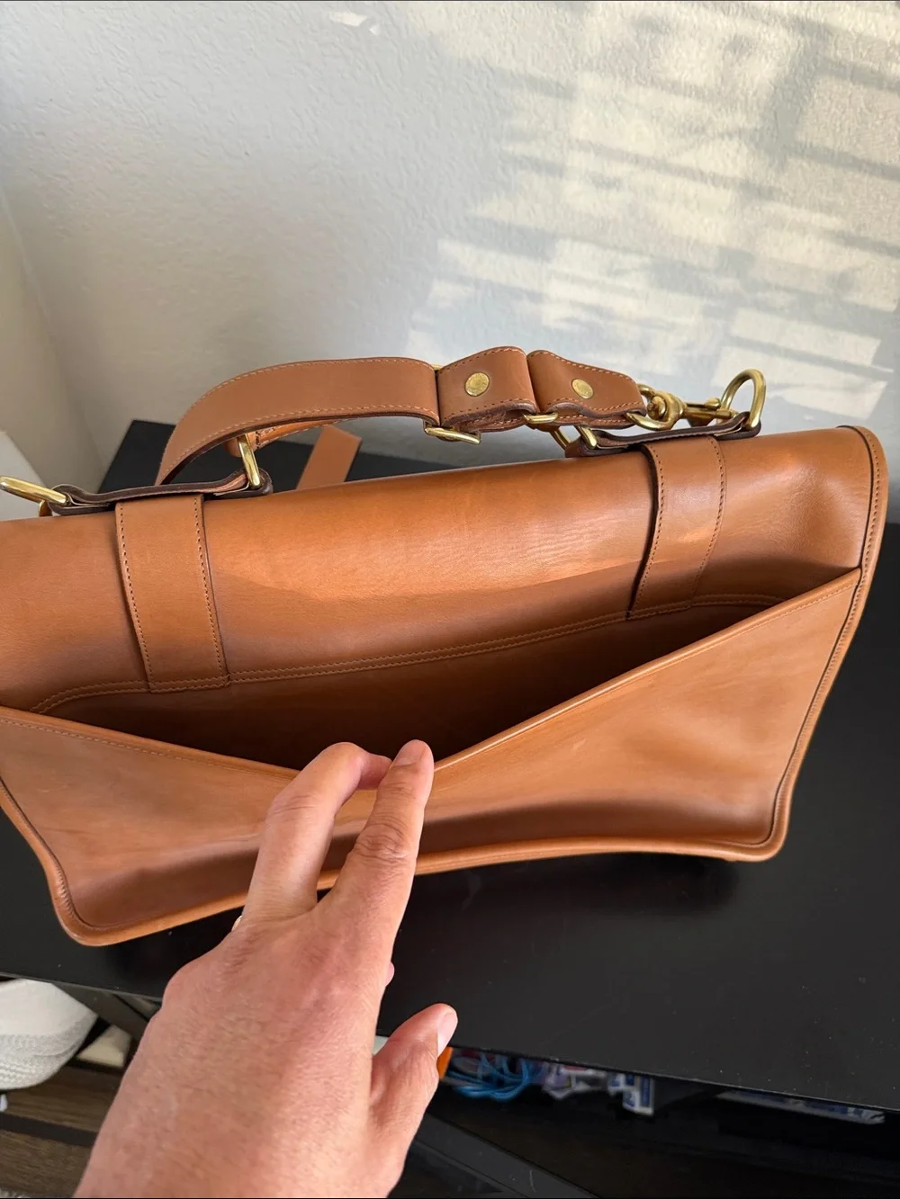 Ghurka Tan Leather Briefcase with Gold Brass Hardware